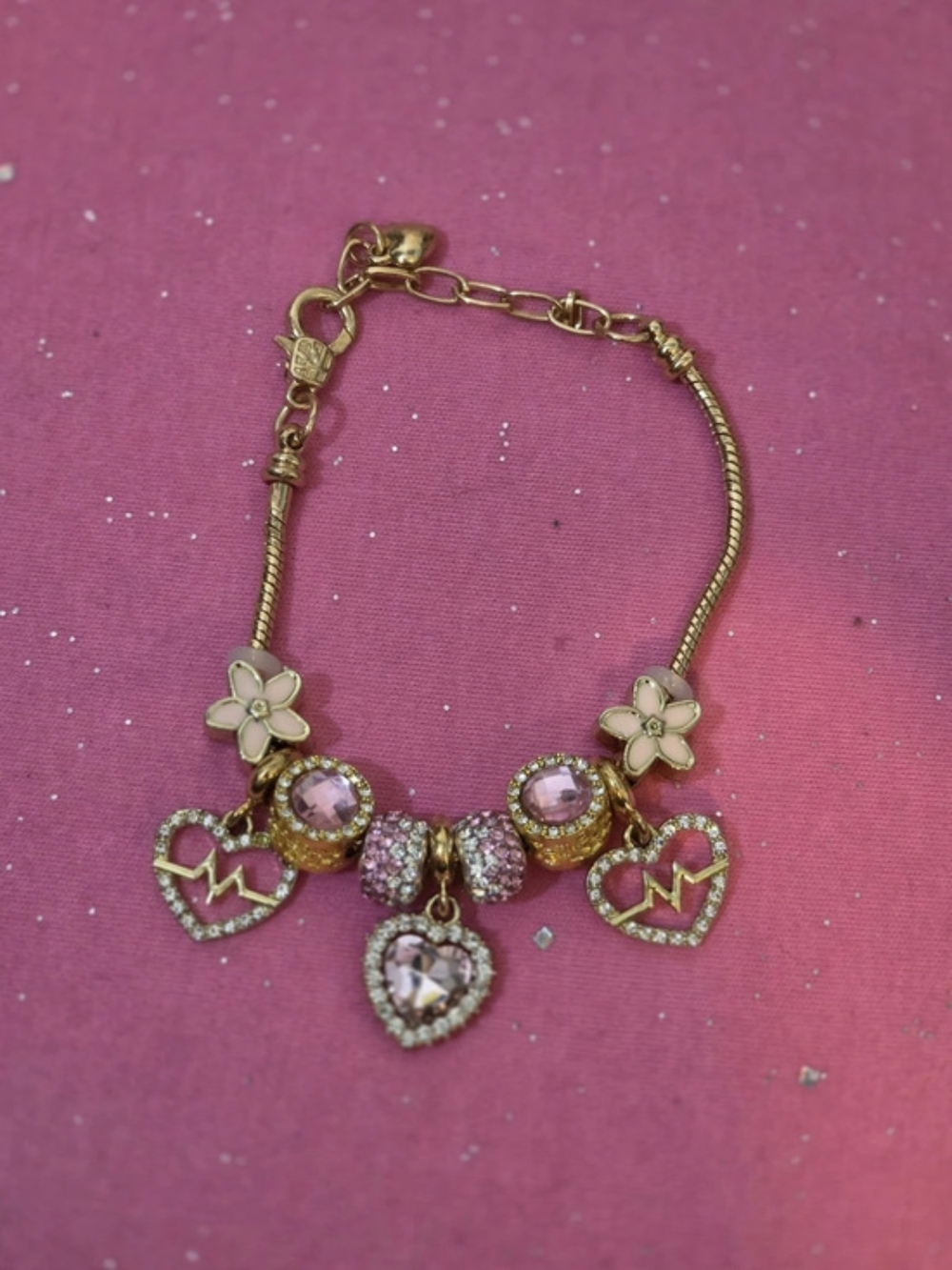 Gold Tone Cable Chain Charm Bracelet w/ Pink Crystal Heart Charms